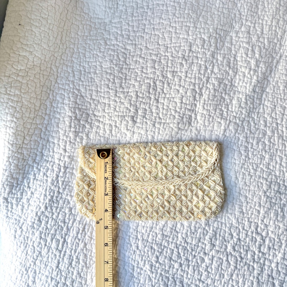 Vintage Beaded Sequin Clutch Bag Purse Ivory Bridal Pearlcore 90s Prom Hong Kong - Picture 7 of 7